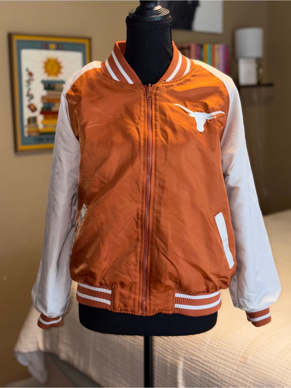 Unisex Two-Tone Burnt Orange & White Bomber Jacket - Longhorn Logo